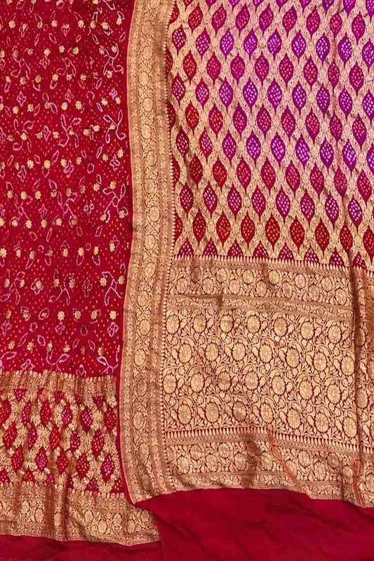 Pink And Red Banarasi Bandhani Pure Georgette Three Piece Unstitched Suit Set - Luxurion World