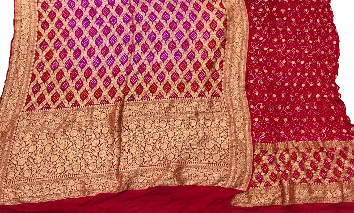 Pink And Red Banarasi Bandhani Pure Georgette Three Piece Unstitched Suit Set - Luxurion World