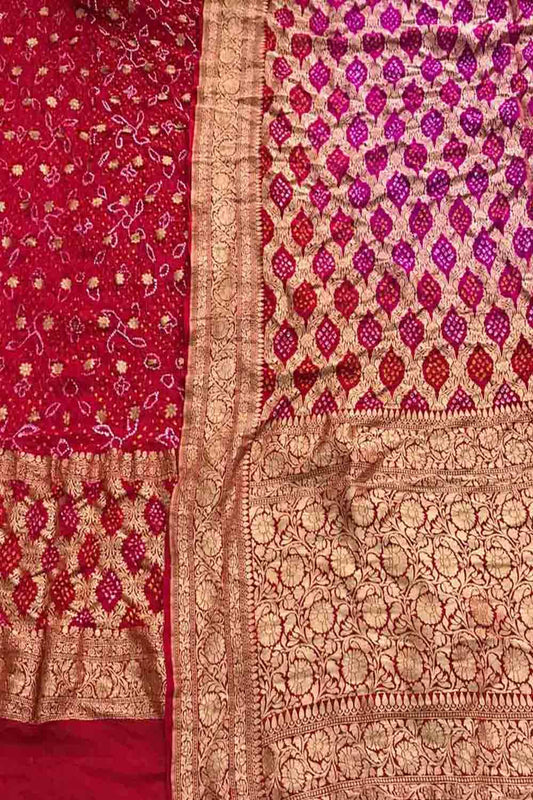 Pink And Red Banarasi Bandhani Pure Georgette Three Piece Unstitched Suit Set - Luxurion World