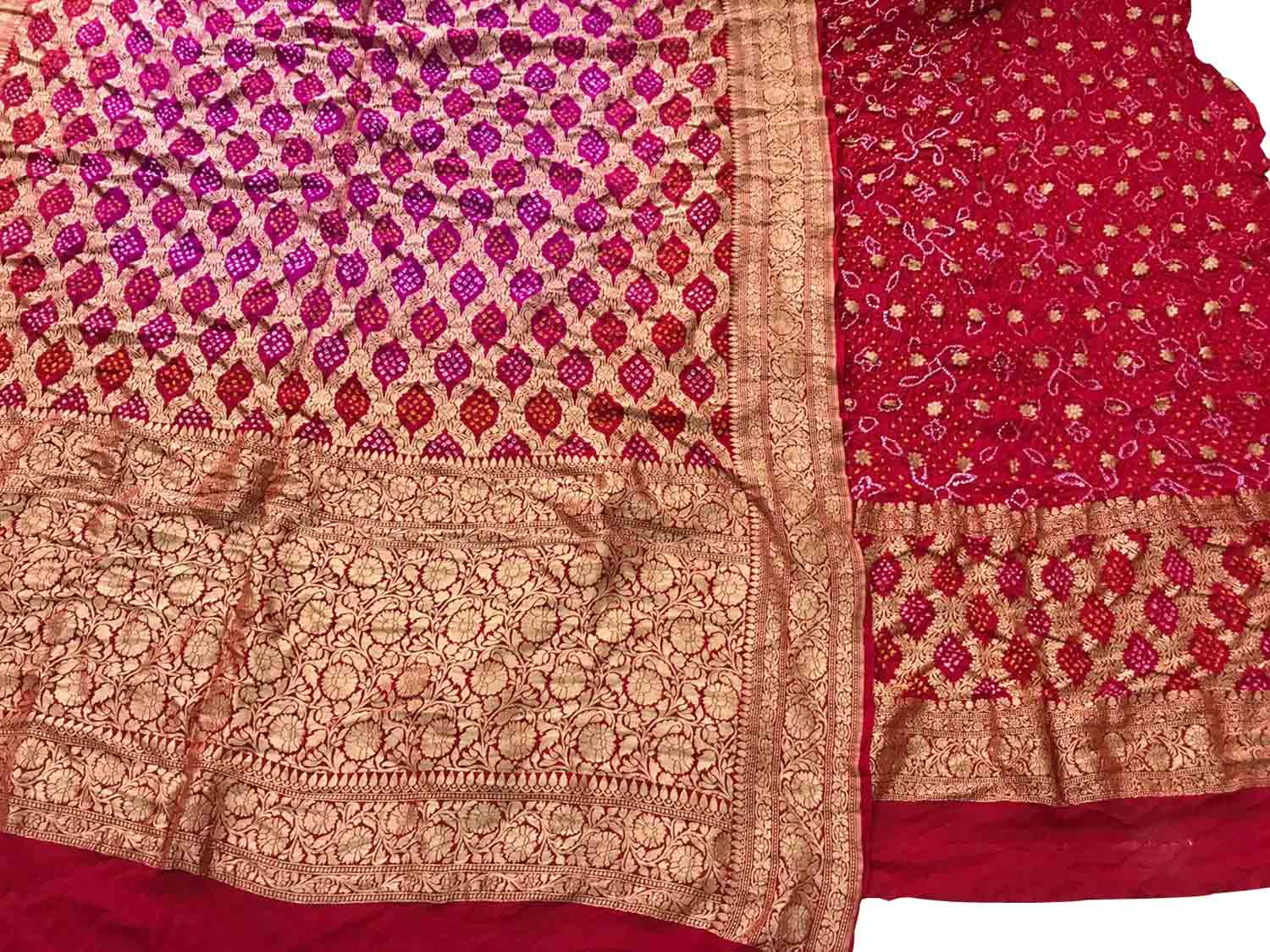 Pink And Red Banarasi Bandhani Pure Georgette Three Piece Unstitched Suit Set - Luxurion World