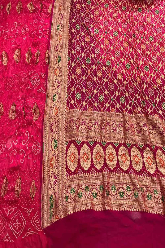 Pink Banarasi Bandhani Pure Georgette Three Piece Unstitched Suit Set - Luxurion World