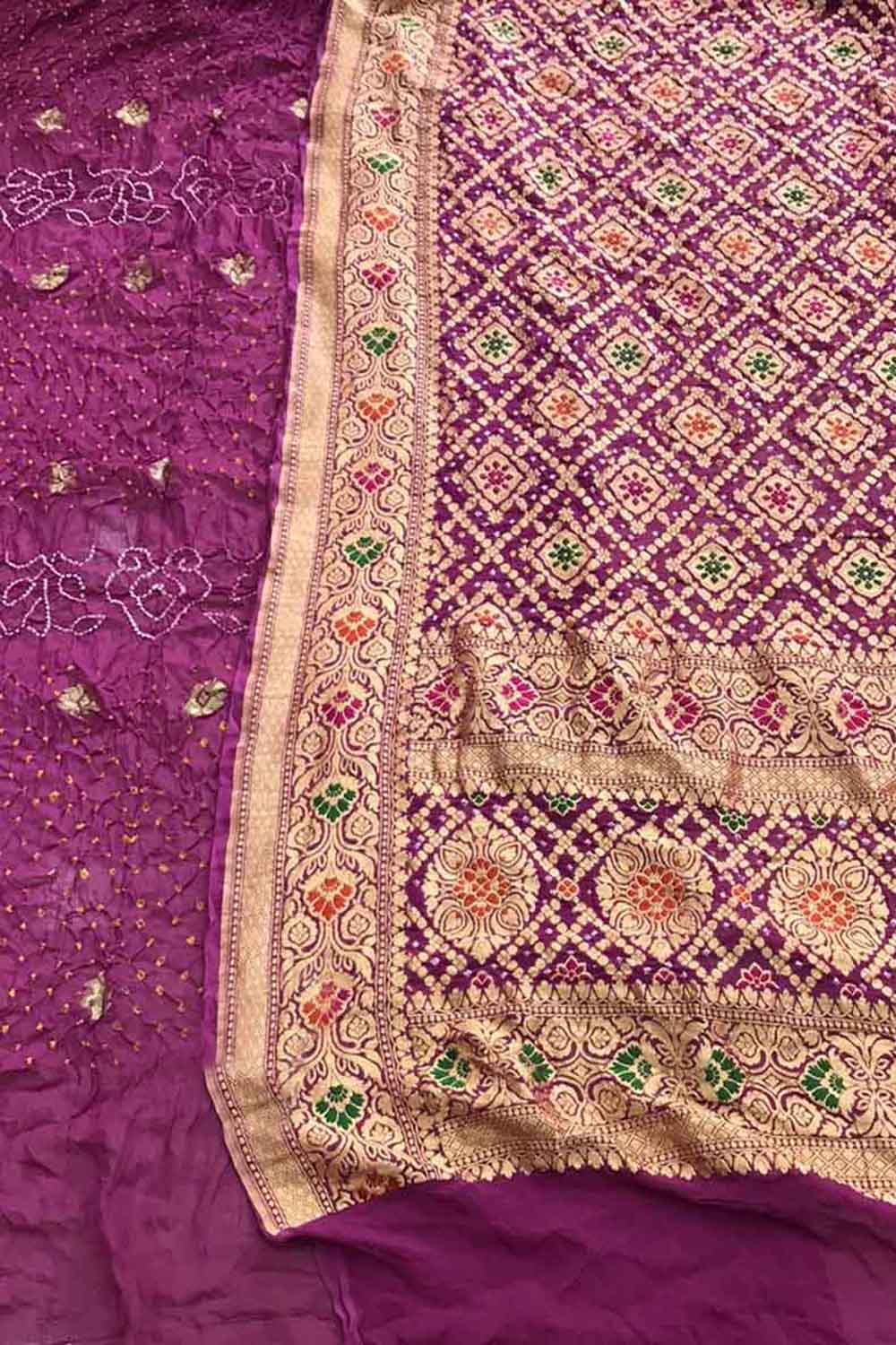 Purple Banarasi Bandhani Pure Georgette Three Piece Unstitched Suit Set - Luxurion World