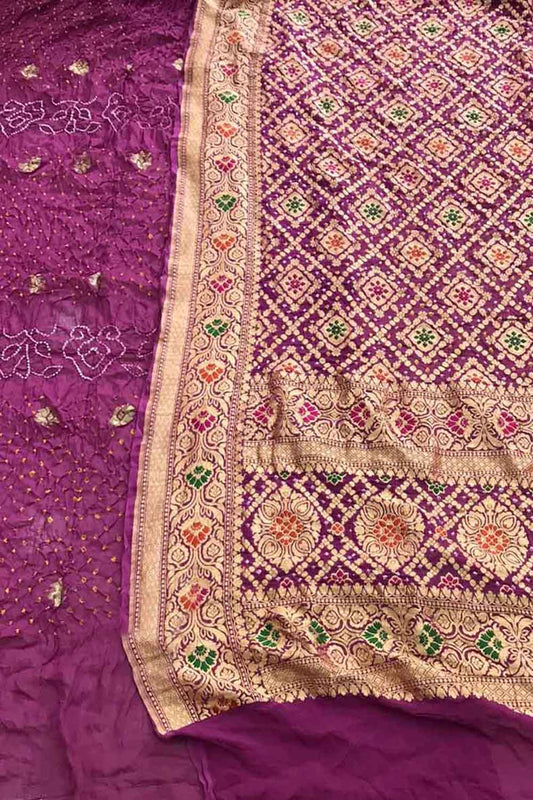 Purple Banarasi Bandhani Pure Georgette Three Piece Unstitched Suit Set - Luxurion World