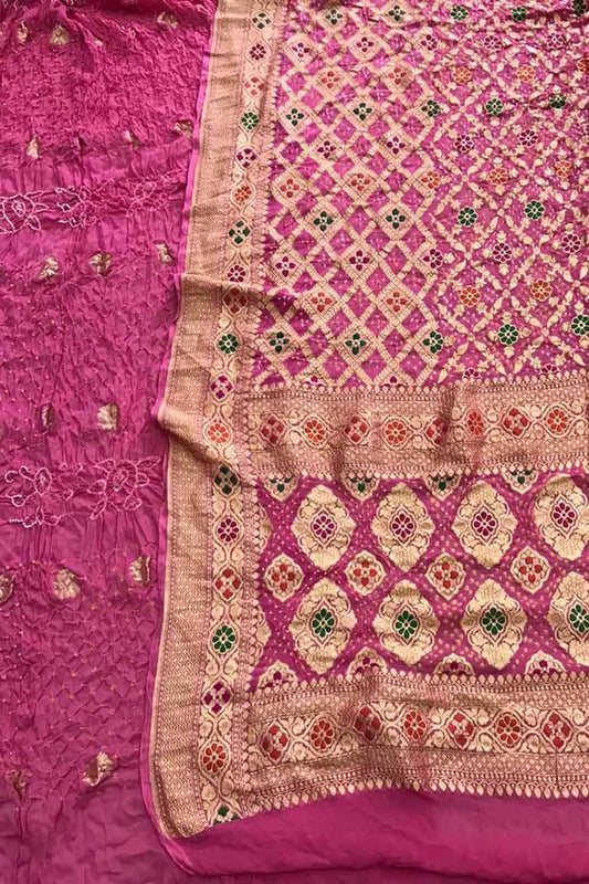 Pink Banarasi Bandhani Pure Georgette Three Piece Unstitched Suit Set - Luxurion World