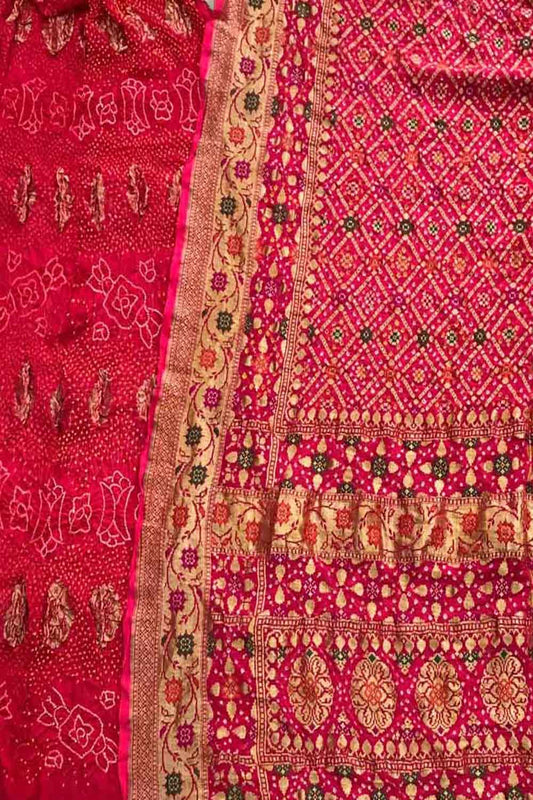 Pink Banarasi Bandhani Pure Georgette Three Piece Unstitched Suit Set - Luxurion World