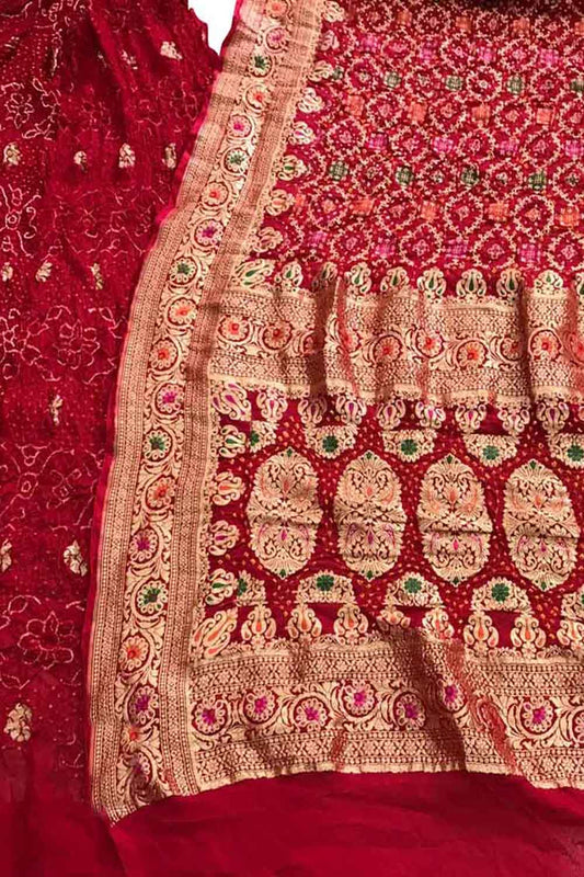 Red Banarasi Bandhani Pure Georgette Three Piece Unstitched Suit Set - Luxurion World