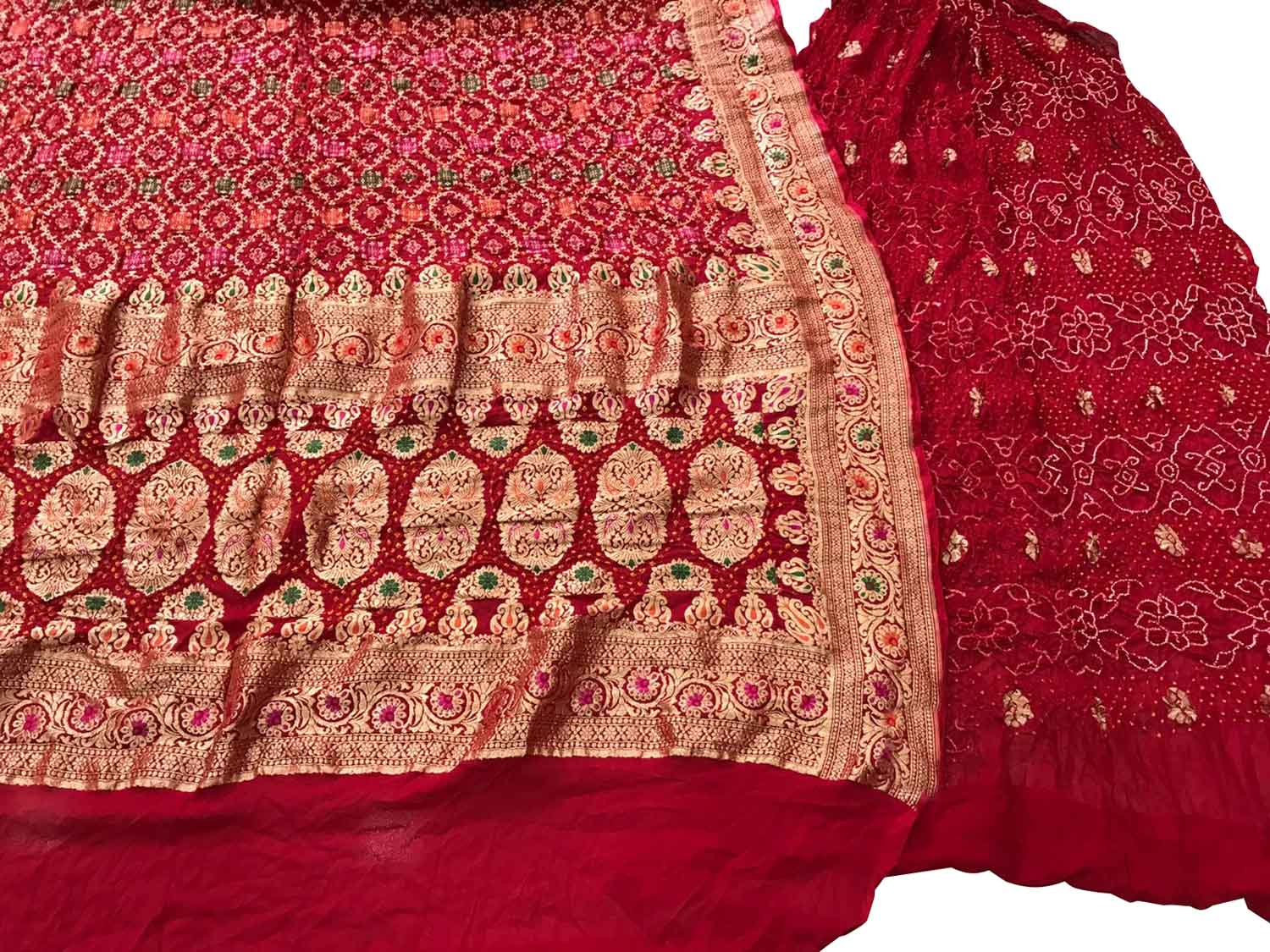 Red Banarasi Bandhani Pure Georgette Three Piece Unstitched Suit Set - Luxurion World