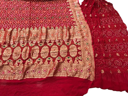 Red Banarasi Bandhani Pure Georgette Three Piece Unstitched Suit Set