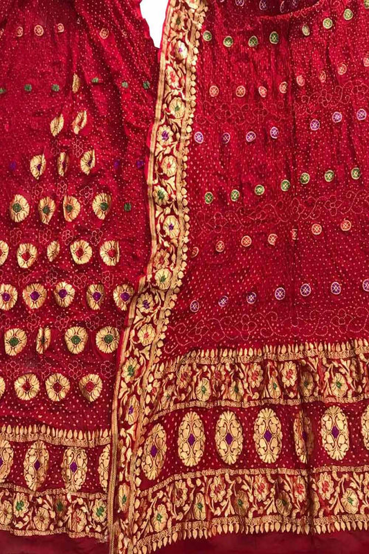 Red Banarasi Bandhani Pure Georgette Three Piece Unstitched Suit Set - Luxurion World