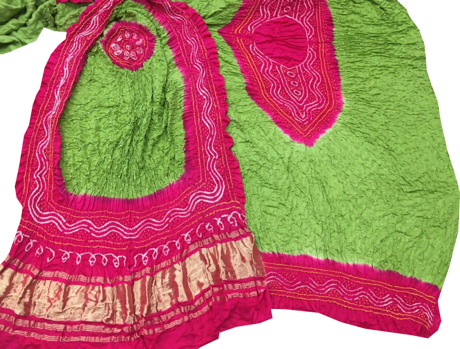 Green And Pink Bandhani Gajji Silk Three Piece Unstitched Suit Set