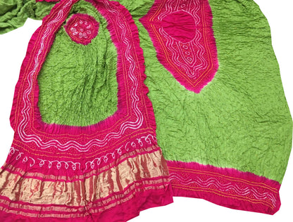 Green And Pink Bandhani Gajji Silk Three Piece Unstitched Suit Set - Luxurion World
