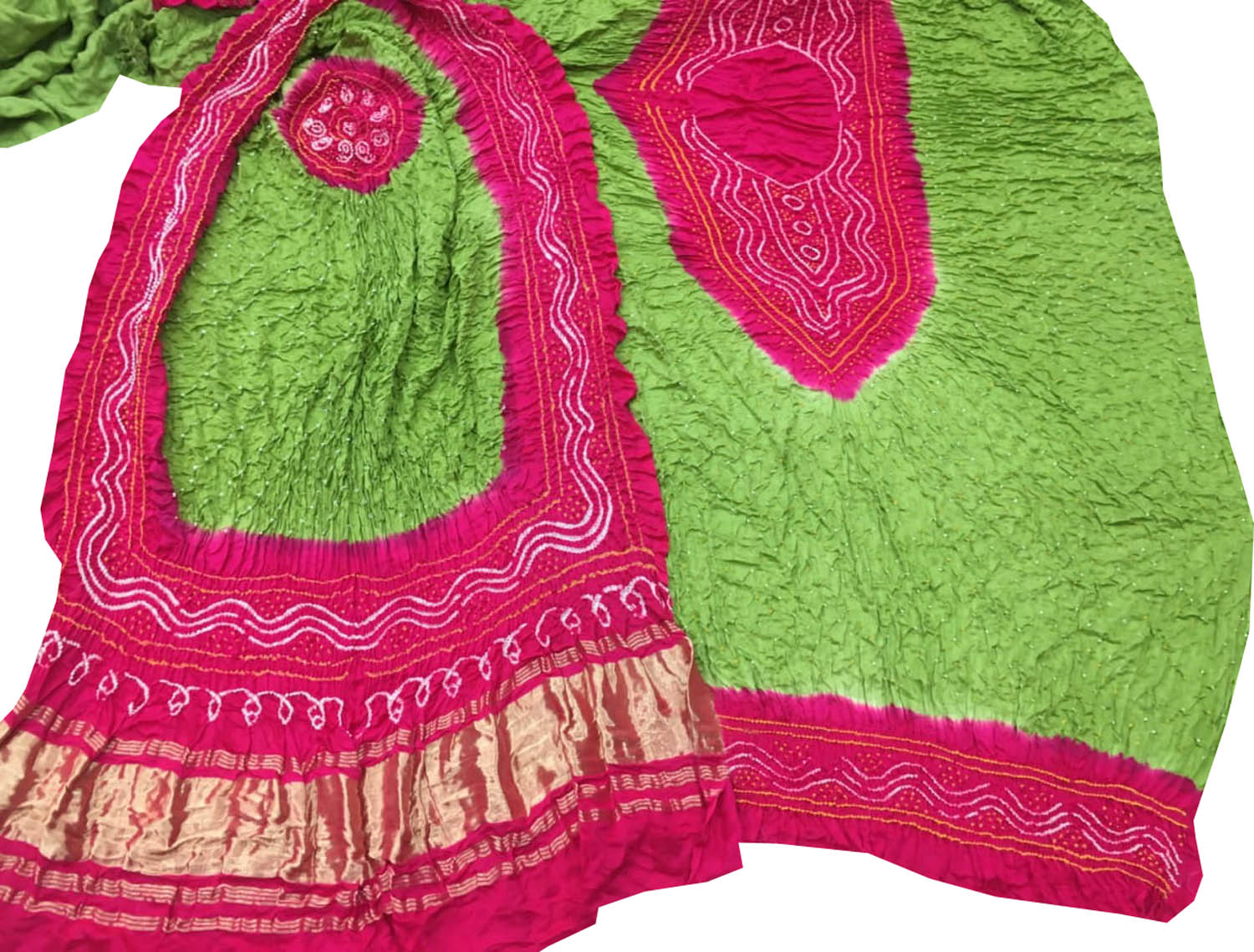 Green And Pink Bandhani Gajji Silk Three Piece Unstitched Suit Set - Luxurion World
