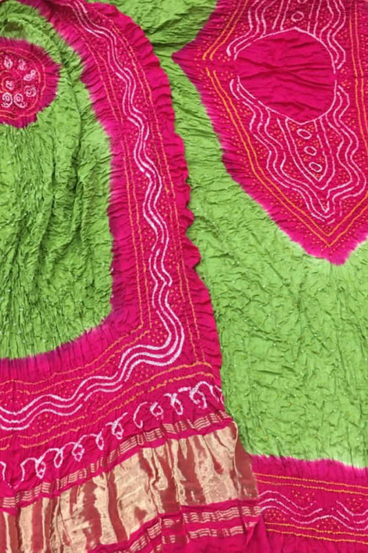Green And Pink Bandhani Gajji Silk Three Piece Unstitched Suit Set - Luxurion World