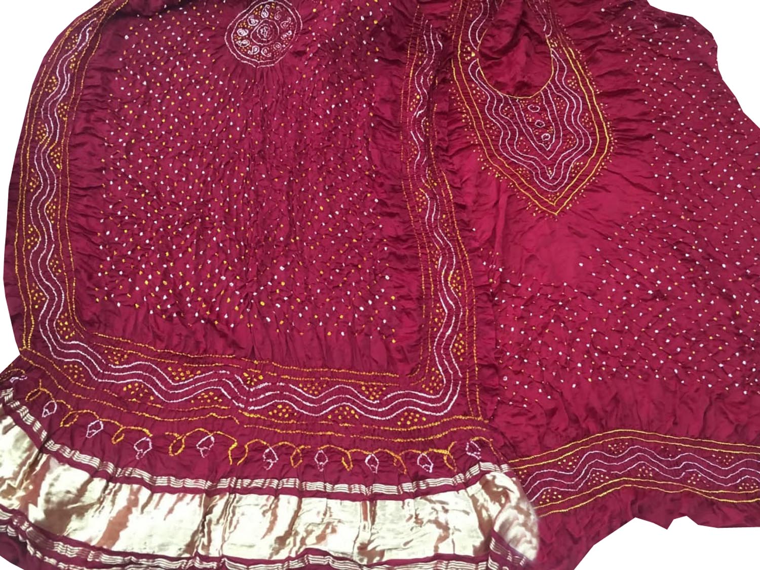 Red Bandhani Gajji Silk Three Piece Unstitched Suit Set - Luxurion World