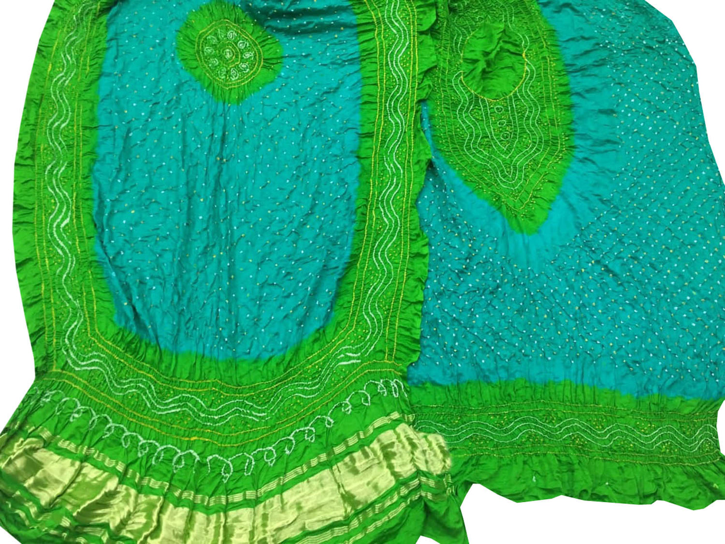 Green And Blue Bandhani Gajji Silk Three Piece Unstitched Suit Set - Luxurion World