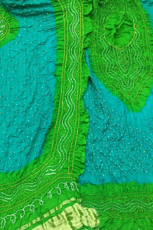 Green And Blue Bandhani Gajji Silk Three Piece Unstitched Suit Set - Luxurion World