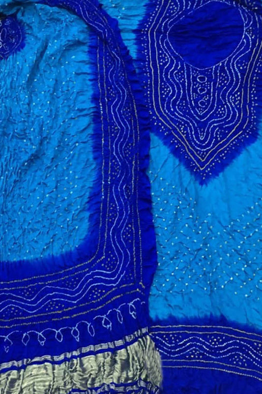 Blue Bandhani Gajji Silk Three Piece Unstitched Suit Set - Luxurion World
