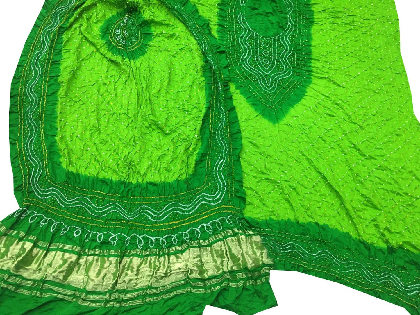 Green Bandhani Gajji Silk Three Piece Unstitched Suit Set - Luxurion World