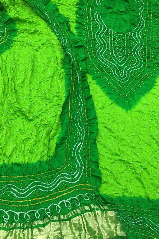 Green Bandhani Gajji Silk Three Piece Unstitched Suit Set - Luxurion World