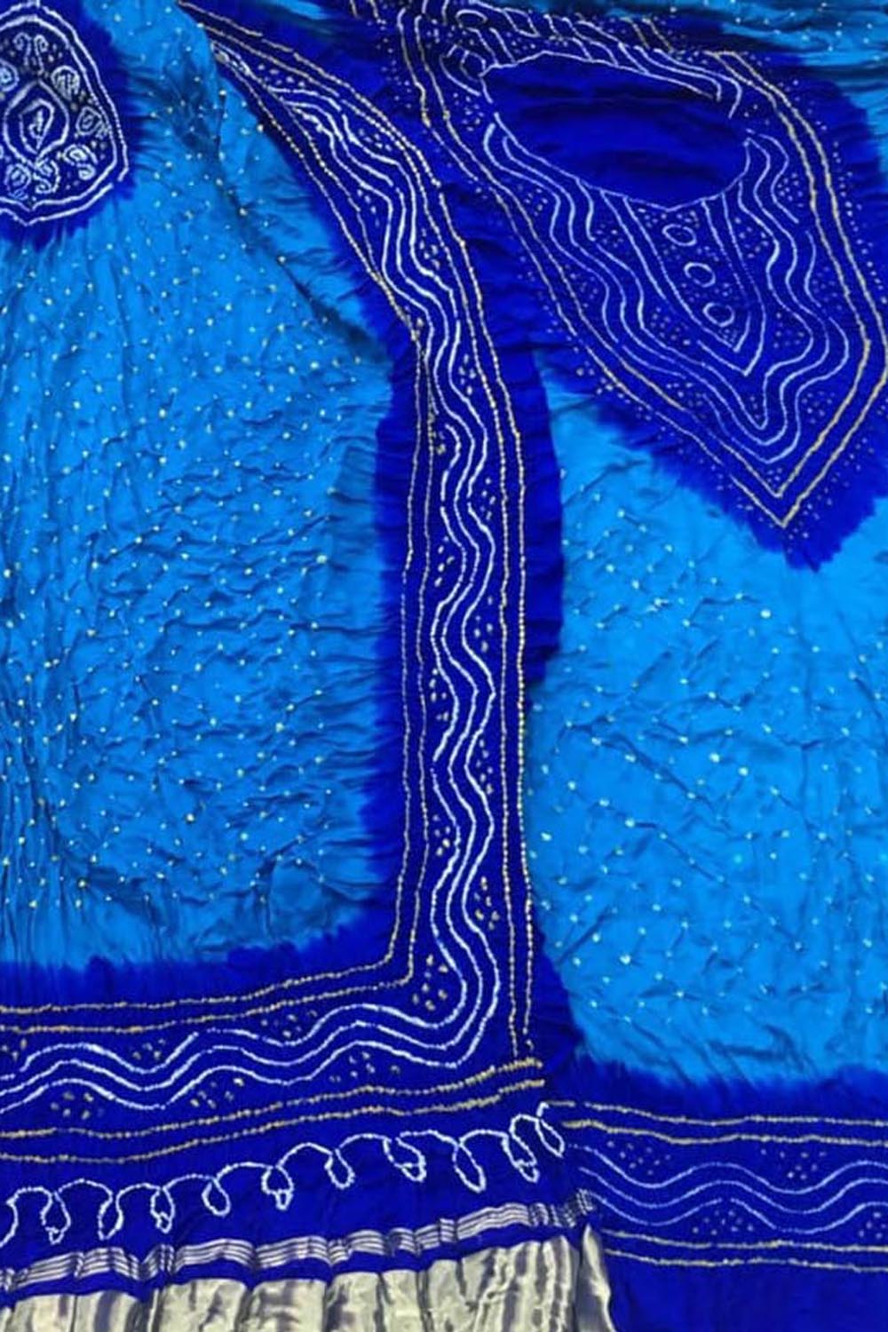 Blue Bandhani Gajji Silk Three Piece Unstitched Suit Set