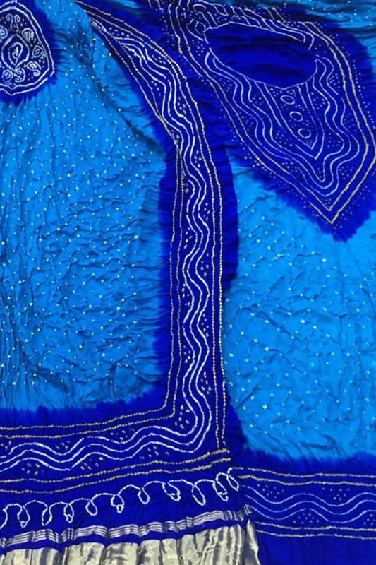 Blue Bandhani Gajji Silk Three Piece Unstitched Suit Set - Luxurion World