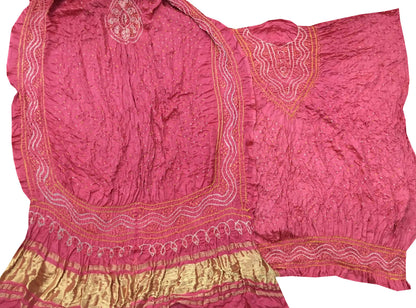 Pink Bandhani Gajji Silk Three Piece Unstitched Suit Set - Luxurion World