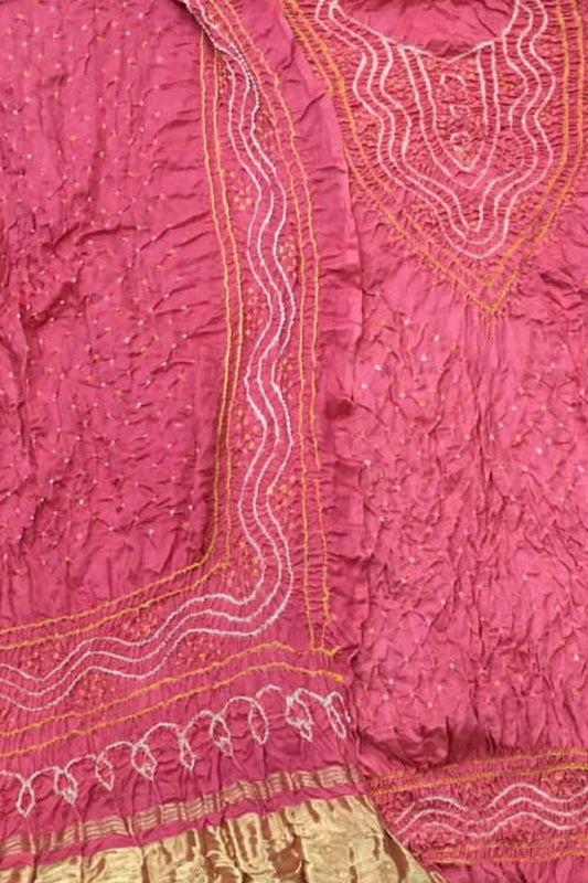 Pink Bandhani Gajji Silk Three Piece Unstitched Suit Set - Luxurion World