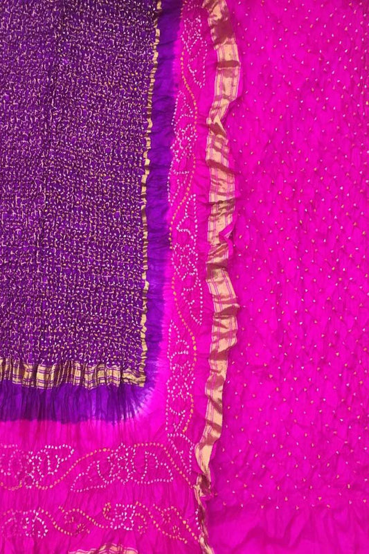Purple And Pink Bandhani Pure Silk Unstitched Suit Set - Luxurion World