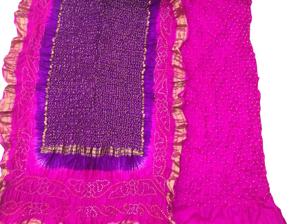 Purple And Pink Bandhani Pure Silk Unstitched Suit Set - Luxurion World