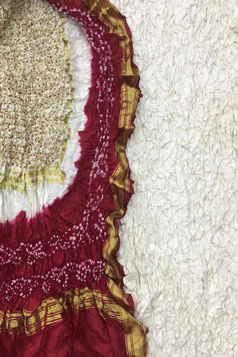 Off White And Maroon Bandhani Pure Silk Unstitched Suit Set - Luxurion World