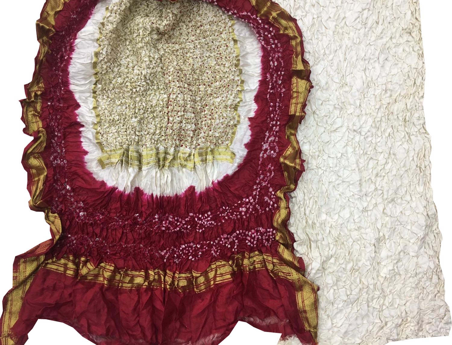 Off White And Maroon Bandhani Pure Silk Unstitched Suit Set - Luxurion World