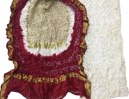 Off White And Maroon Bandhani Pure Silk Unstitched Suit Set - Luxurion World