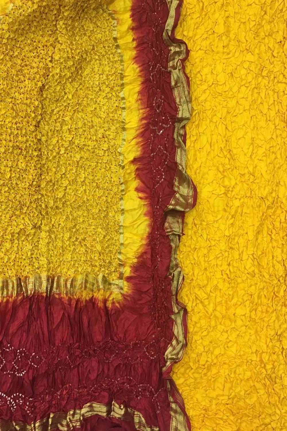 Yellow And Red Bandhani Pure Silk Unstitched Suit Set - Luxurion World