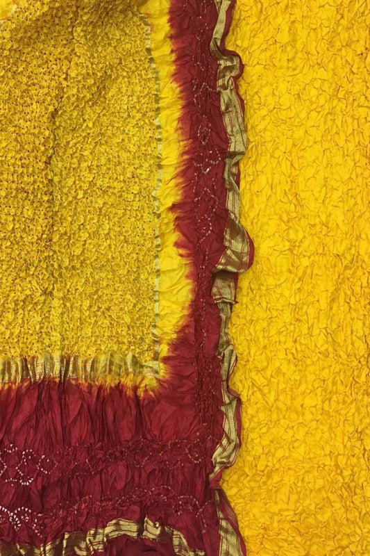 Yellow And Red Bandhani Pure Silk Unstitched Suit Set - Luxurion World