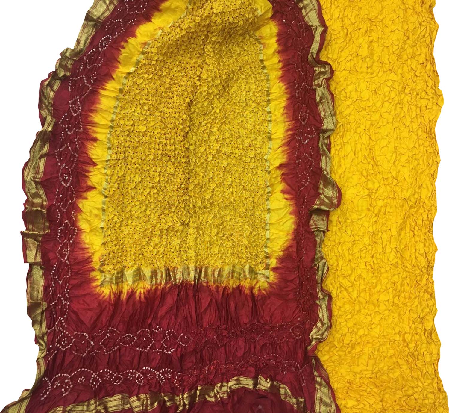Yellow And Red Bandhani Pure Silk Unstitched Suit Set - Luxurion World