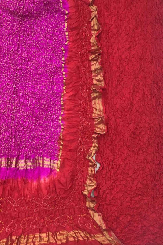 Pink And Red Bandhani Pure Silk Unstitched Suit Set - Luxurion World