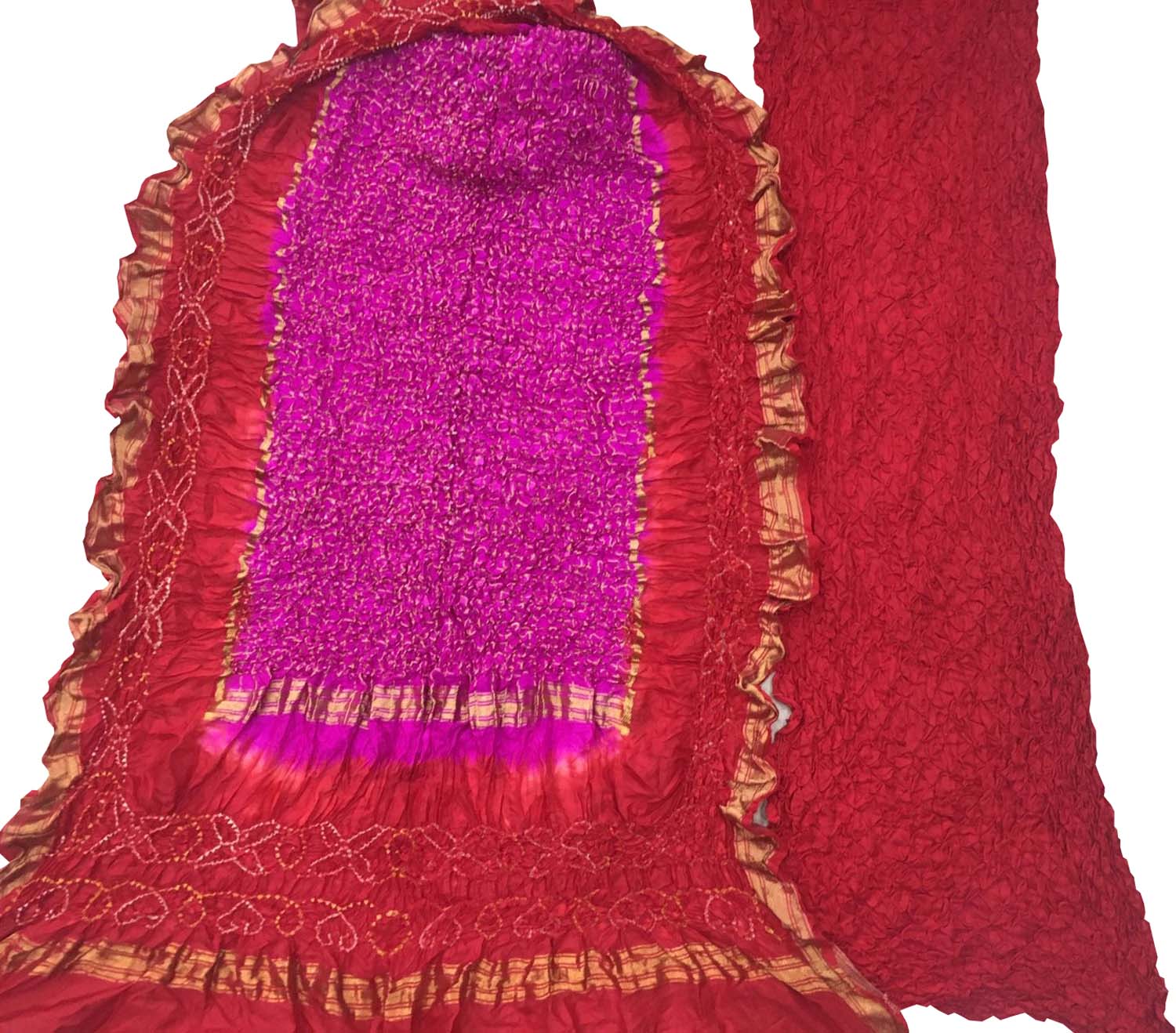 Pink And Red Bandhani Pure Silk Unstitched Suit Set - Luxurion World