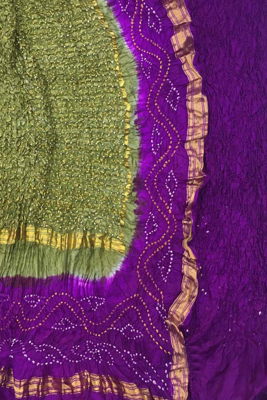 Green And Purple Bandhani Pure Silk Unstitched Suit Set - Luxurion World