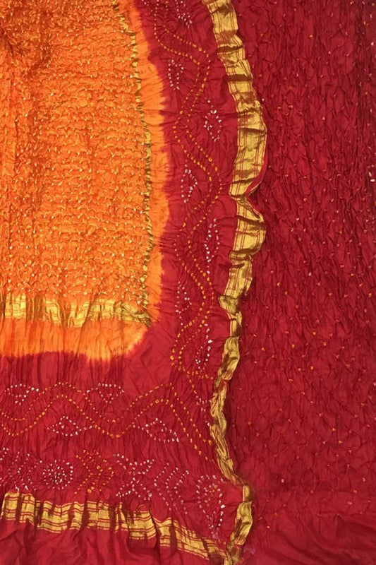 Orange And Red Bandhani Pure Silk Unstitched Suit Set - Luxurion World
