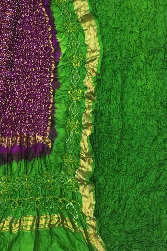 Purple And Green Bandhani Pure Silk Unstitched Suit Set - Luxurion World