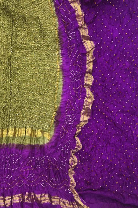 Green And Purple Bandhani Pure Silk Unstitched Suit Set - Luxurion World