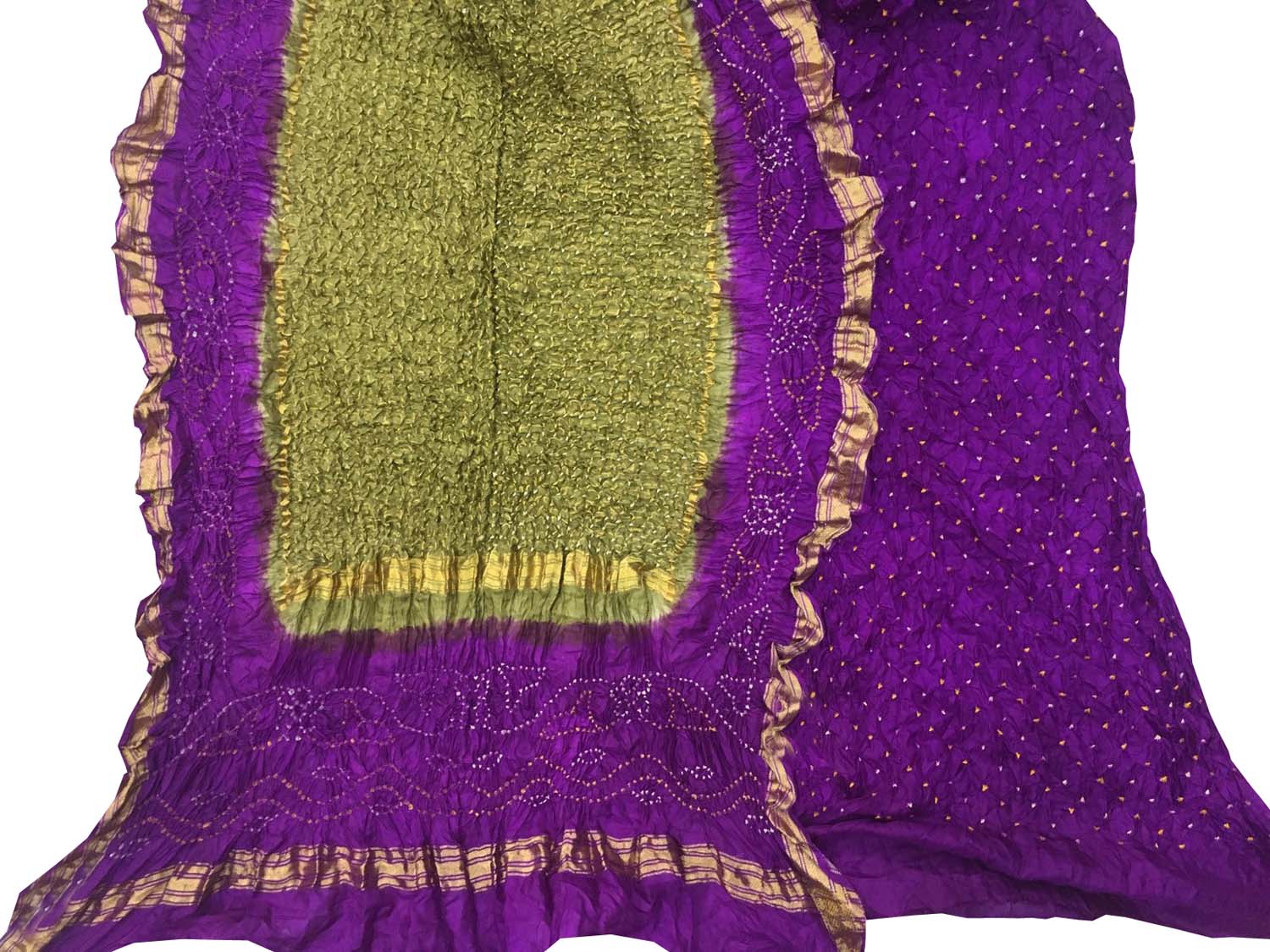 Green And Purple Bandhani Pure Silk Unstitched Suit Set - Luxurion World