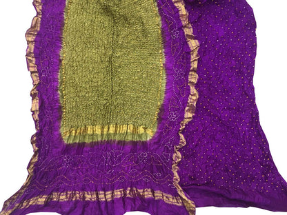 Green And Purple Bandhani Pure Silk Unstitched Suit Set - Luxurion World