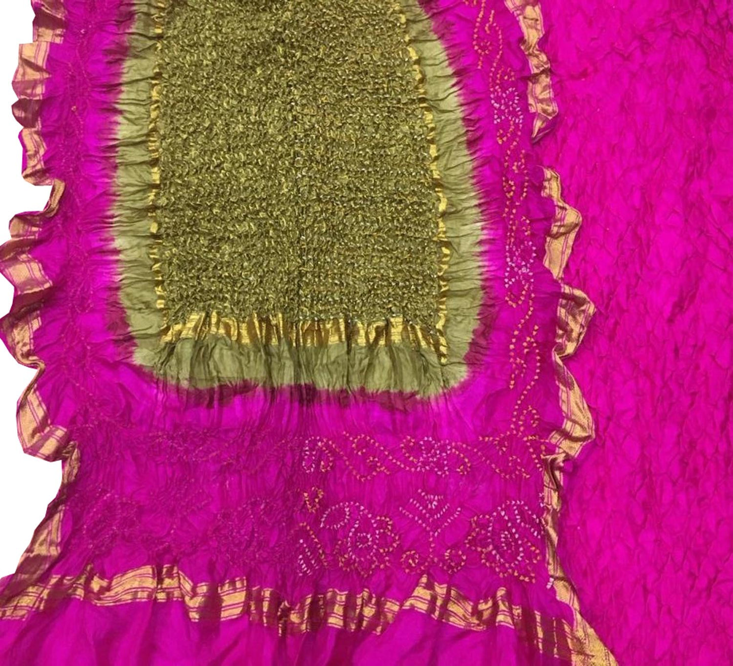 Stunning Pink & Green Bandhani Pure Silk Suit: Unstitched Elegance - Luxurion World