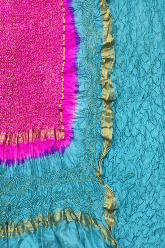 Stunning Pink and Blue Bandhani Pure Silk Suit: Unstitched Elegance - Luxurion World