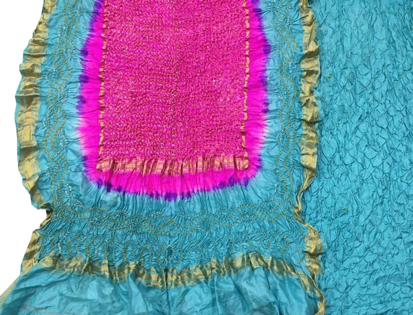 Stunning Pink and Blue Bandhani Pure Silk Suit: Unstitched Elegance - Luxurion World