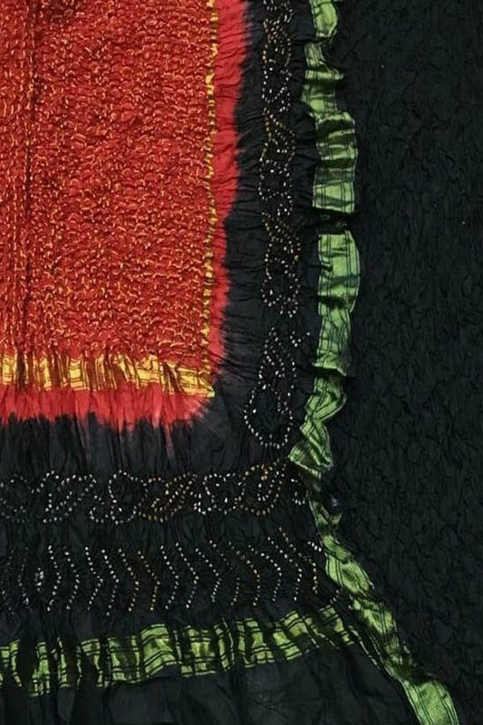 Stunning Black & Red Bandhani Pure Silk Suit: Unstitched Elegance - Luxurion World