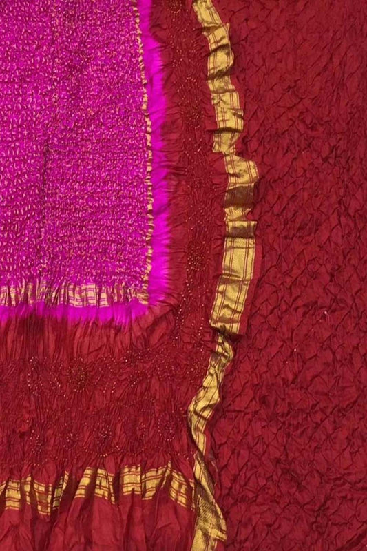 Stunning Red & Pink Bandhani Pure Silk Suit: Unstitched Elegance