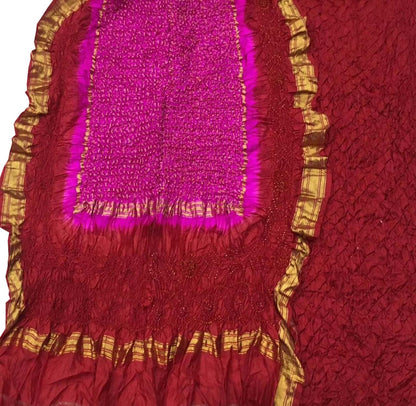 Stunning Red & Pink Bandhani Pure Silk Suit: Unstitched Elegance - Luxurion World