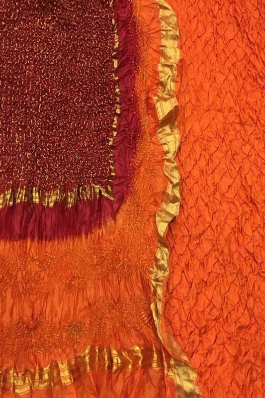 Vibrant Orange & Red Bandhani Pure Silk Suit: Unstitched Elegance